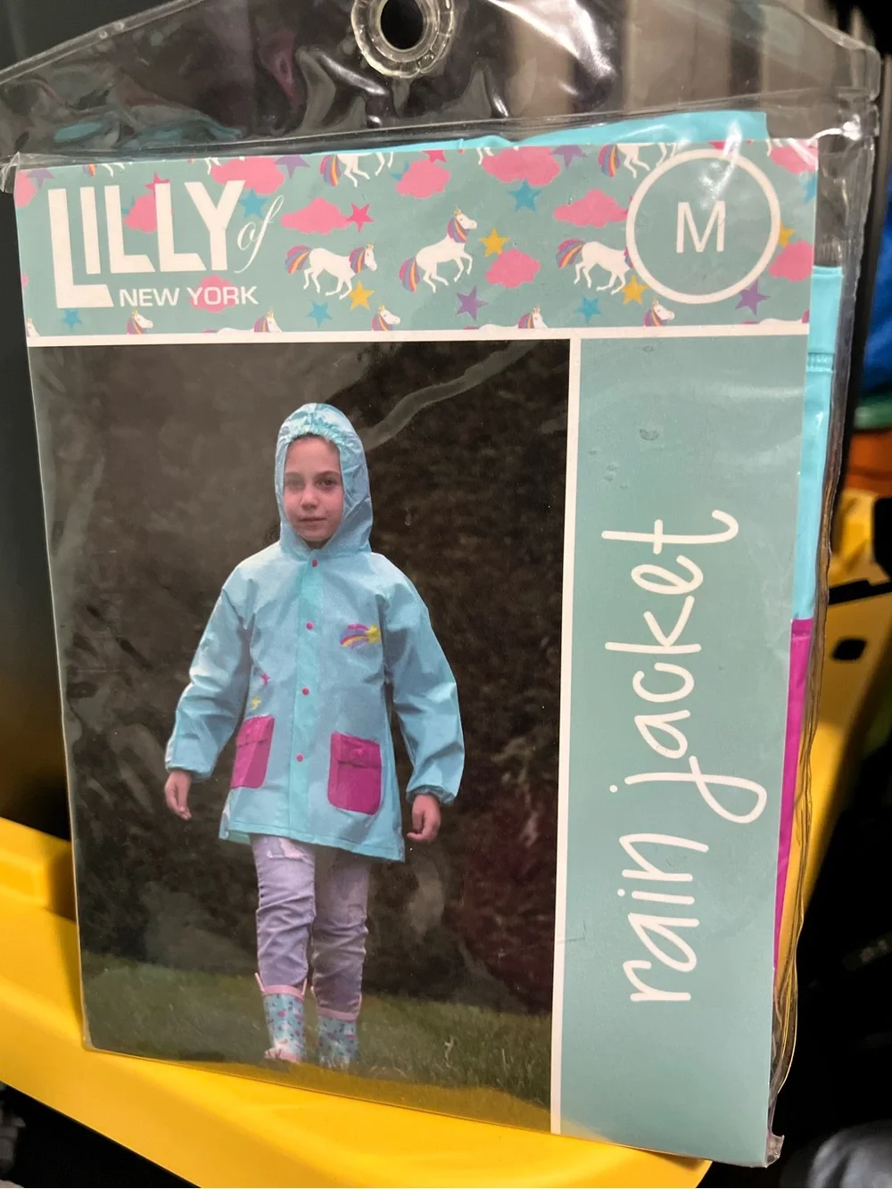 Milly of New York Light Blue Kids Hooded Rain Jacket w Pink Pockets, Unicorns, M